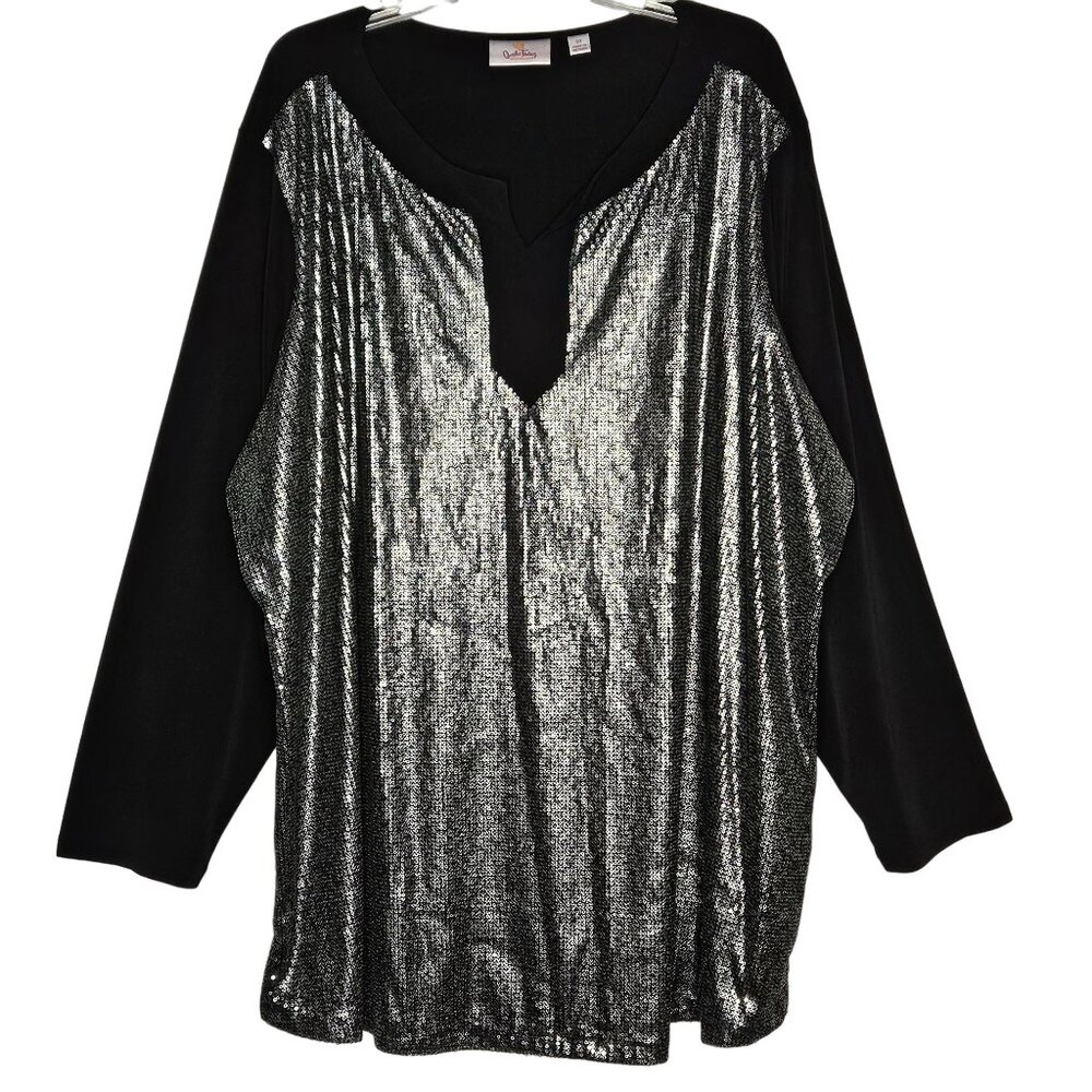 Quacker Factory Womens Top 3X Silver Sequin Front Black Tunic Stretch